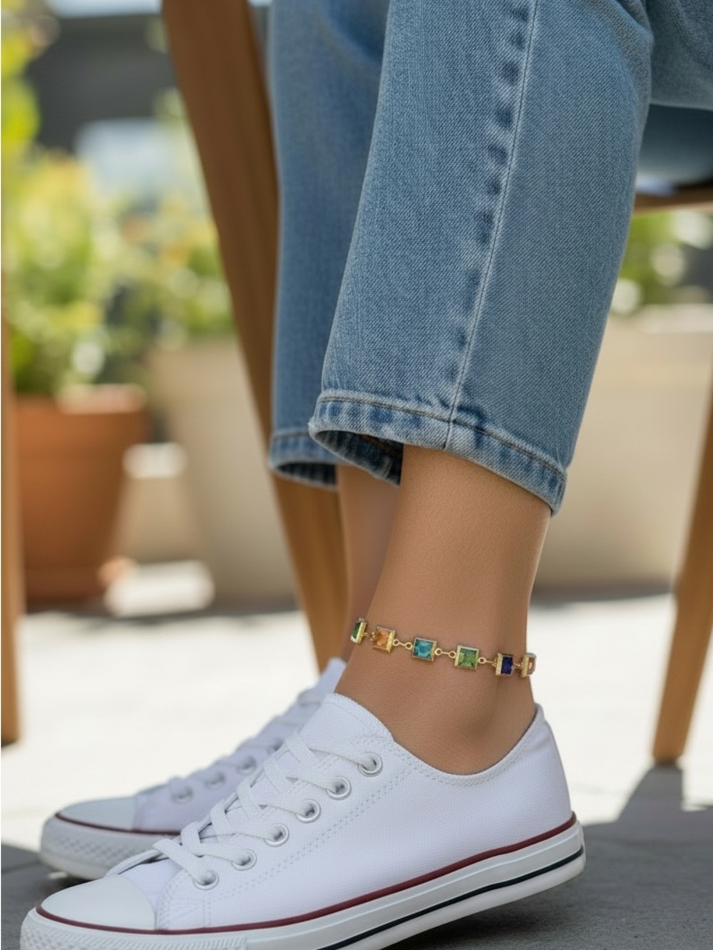 Multicolor Rainbow Square Jolly Gemstone Tennis Anklet Gold Filled NWOT